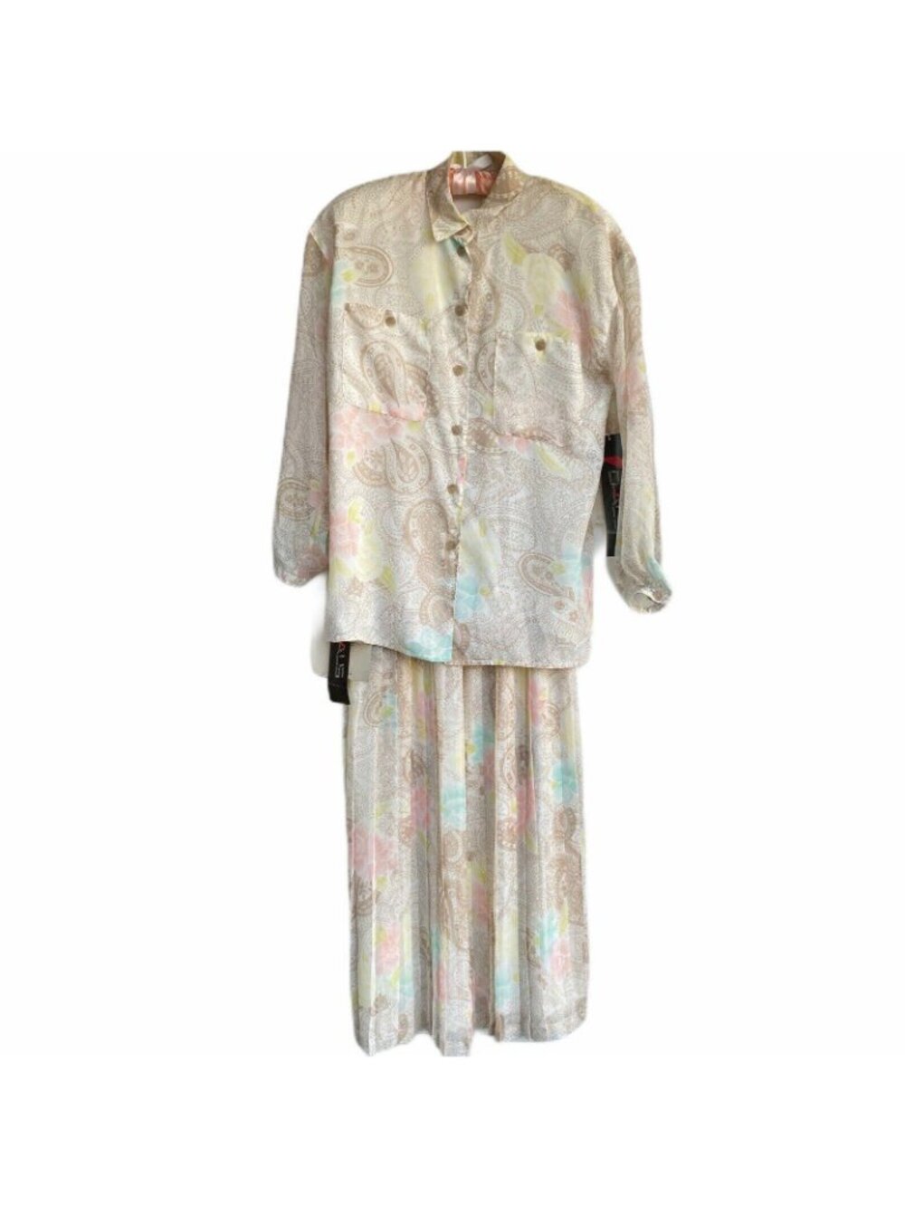 CHAUS 2Pc Blouse Pleated Midi Skirt Set Lined Taupe Pastel Vintage 90s New
